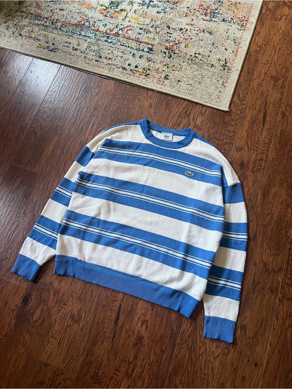 Lacoste White and Blue Horizontal Stripe Crewneck Sweater - Picture 2 of 6